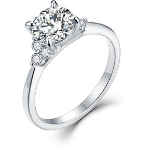 1CT Moissanite Engagement Ring for Women D Color VVS1 Clarity Brilliant Round Cut Wedding band 925 Sterling Silver with 18K Gold Plated 4 Prong Moissanite Promise Anniversary Ring