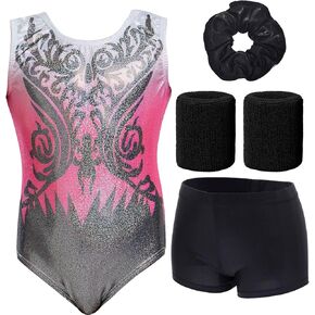 Aosva 5 in 1 Gymnastics Leotards Set for Girls One-piece Sparkle Colorful Dancing Athletic Leotards Shorts Set 2-14Years