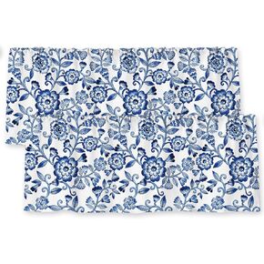 Blue White Floral Curtain Valance 18 x 54 Inch Vintage Flower Valance Curtain Rod Pocket Chinoiserie Short Window Treatment for Home Party Decor, Set of 2