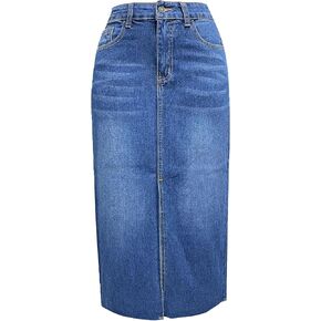 Women's High Waisted Denim Skirt Front Slit Midi A-Line Casual Long Maxi Jean Skirts with Pocket