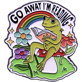 Cartoon Frog Reading Enamel Pin Cute Animal Brooch GO AWAY I'M READING Lapel Pin DIY Craft Badges Pins for Backpack Hats Coat Accessories Boys Girls Jewelry Gifts, Green