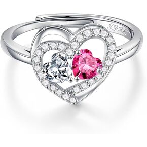 Iefil Adjustable Ring for Women - 925 Sterling Silver Double Birthstone Rings, Anniversary Birthday Gifts for Women, Mothers Day Christmas Jewelry Gifts for Her Wife Girlfriend Mom