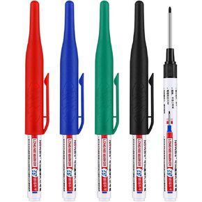 4 Pcs Multi-Purpose Deep Hole Marker Pens, Long Nose Marker Waterproof Colorful Carpenter Pen for Bathroom Home Decoration Construction Pens Woodworking Decoration, Red Black Blue Green Ink
