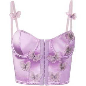Women Silky Satin Front Push Up Bustier Chic Butterfly Corset Bra Vest Tight Sleeveless Tube Top Party Concert Outfit