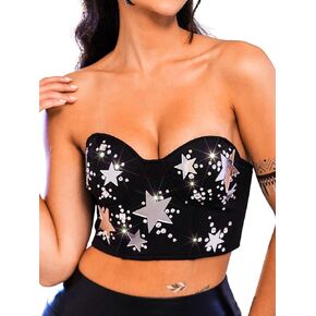 Rhinestone Black Crop Tops Strapless Star Sequin Corset Tops Elastic Goth Party Club Camisole Bustier Top for Women