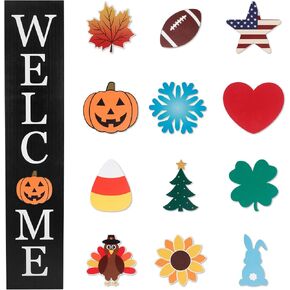 Interchangeable Welcome Sign for Front Porch- 45"X9" Large Standing/Hanging Wooden Sign with 12 PCS Replaceable Icons for Farmhouse Harvest Fall Halloween Thanksgiving Porch Wall Yard Decorations (Black)