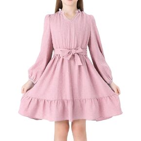 PATPAT Tween Girl's Long Sleeve Dress Fall Midi Tiered Flowy Swing Dresses with Belt 4-14 Years