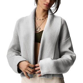 Womens Cropped Cardigan Sweater Oversized Lapel Chunky Knit Long Sleeve Sweater Open Front Casual Coats Outwear
