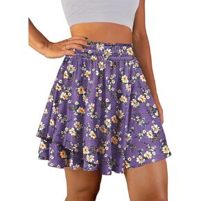 YESNO Flowy Summer Ruffle Boho Skorts Skirts for Women Floral Casual Elastic High Waist Shorts with Pockets PS1