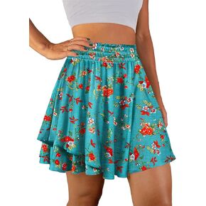 YESNO Flowy Summer Ruffle Boho Skorts Skirts for Women Floral Casual Elastic High Waist Shorts with Pockets PS1