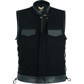 Leatherick Mens Side Lace Black Denim Vest with Leather Trims for Motorcycle Bikers