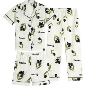 Vopmocld Girls Crepe Button Down Pajama Sets - 3pcs Short Sleeve Long Pants With Shorts Sleepwear Soft Crepe Nighty For Teens