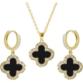 Studded Clover Necklace with Studded Hoop Earrings for Women | Designer Jewelry Set for Women | Lovely Gift