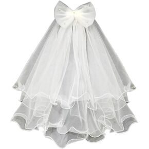 Pearl Bow Veil White Bridal Tulle Veil Ruffle Edge Wedding Short Veils Bachelorette Party Decorations for Women and Brides