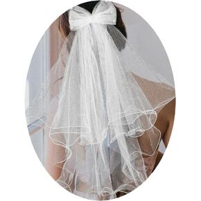 White Veil 2 Tiers White Pearl Bow Wedding Veil Pearl Bride Hair Veil Pearl Bow Tulle Hair Accessories (Bow veil)