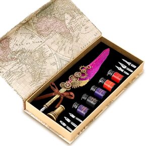 Vintage Punk Quill Pen Ink Set-Mechanical Quill Pen,5 Color Ink Calligraphy Pen Ink Set,6 Replaceable Dip Pen Nibs-Basic Calligraphy Kit-for Beginners and Calligraphy Lovers (Black)