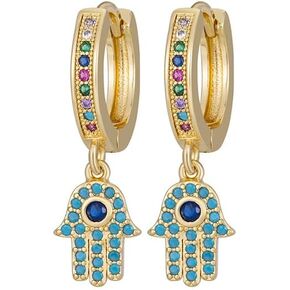 Hamsa Hand Drop/Dangle Huggie Earrings,Gold Plated Small Hoop Earrings with Charm | Lightweight | Multicolored Stones