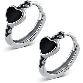 Vintage Black Heart Small Hoop Earrings 925 Sterling Silver Link Chain Round Huggie Hoops Cartilage Tragus Cuffs Hinged Fashion Jewelry Gifts for Women Girls Sensitive Ears
