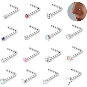 15Pcs 20G Nose Rings Surgical Steel Nose Studs 18G L Shaped Nose Stud Gold Nose Ring Stud CZ Opal Nose Ring Heart Cute Nose Rings L Star Nose Piercing for Women Men