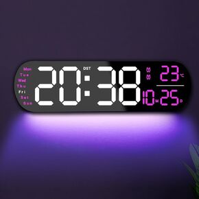 13.7" Digital Wall Clock Large Display with Remote Control,Dual Alarm,Auto-Dimming,Big Digits,Auto DST Clock for Bedroom Living Room Decor with 9 Adjustable Ambient Night Lights-Purple