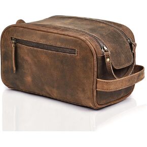 LEATHER VILLAGE Premium Leather Toiletry Travel Pouch With Waterproof Lining - Brown | King-Size Handcrafted Vintage Dopp Kit Bag