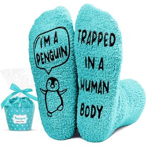 HAPPYPOP Penguin Gifts for Women Men - Fuzzy Green Socks Animal Gifts, Funny Penguin Socks