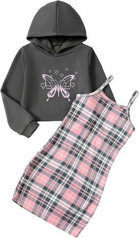 Girls 2 Piece Outfits Cami Dresses Hoodie Clothing Set Plaid Bodycon Dress Crop Top Sweatshirt Fall Winter Clothes in Kuwait