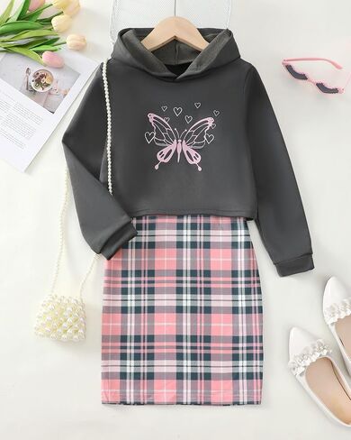 Girls 2 Piece Outfits Cami Dresses Hoodie Clothing Set Plaid Bodycon Dress Crop Top Sweatshirt Fall Winter Clothes in Kuwait