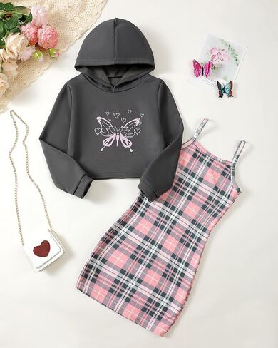 Girls 2 Piece Outfits Cami Dresses Hoodie Clothing Set Plaid Bodycon Dress Crop Top Sweatshirt Fall Winter Clothes in Kuwait