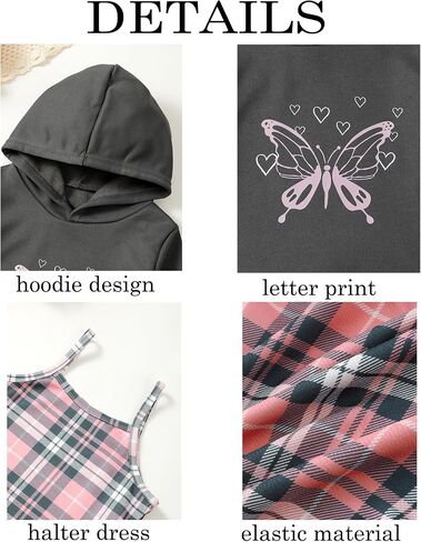 Girls 2 Piece Outfits Cami Dresses Hoodie Clothing Set Plaid Bodycon Dress Crop Top Sweatshirt Fall Winter Clothes in Kuwait