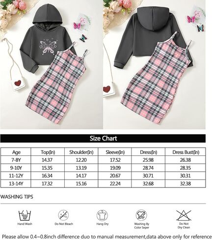 Girls 2 Piece Outfits Cami Dresses Hoodie Clothing Set Plaid Bodycon Dress Crop Top Sweatshirt Fall Winter Clothes in Kuwait