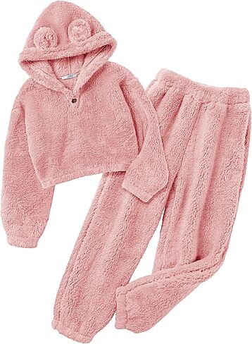 Arshiner Girls 2 Piece Outfits Sweatsuit Fuzzy Long Sleeve Bear Ear Hoodie Sweatshirt and Sweatpant Kids Clothing Sets in Saudi Arabia
