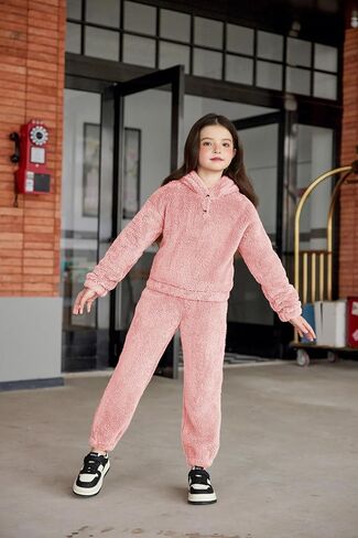 Arshiner Girls 2 Piece Outfits Sweatsuit Fuzzy Long Sleeve Bear Ear Hoodie Sweatshirt and Sweatpant Kids Clothing Sets in Saudi Arabia