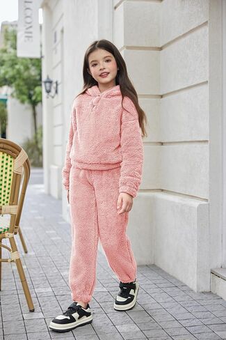 Arshiner Girls 2 Piece Outfits Sweatsuit Fuzzy Long Sleeve Bear Ear Hoodie Sweatshirt and Sweatpant Kids Clothing Sets in Saudi Arabia