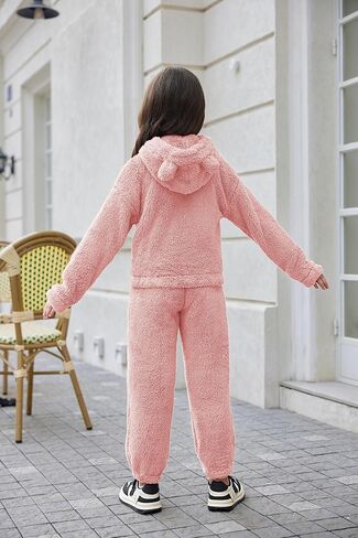 Arshiner Girls 2 Piece Outfits Sweatsuit Fuzzy Long Sleeve Bear Ear Hoodie Sweatshirt and Sweatpant Kids Clothing Sets in Saudi Arabia