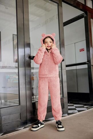 Arshiner Girls 2 Piece Outfits Sweatsuit Fuzzy Long Sleeve Bear Ear Hoodie Sweatshirt and Sweatpant Kids Clothing Sets in Saudi Arabia