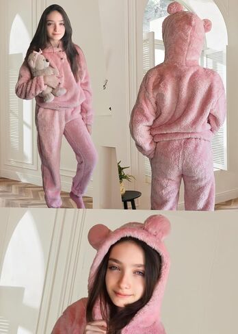 Arshiner Girls 2 Piece Outfits Sweatsuit Fuzzy Long Sleeve Bear Ear Hoodie Sweatshirt and Sweatpant Kids Clothing Sets in Saudi Arabia