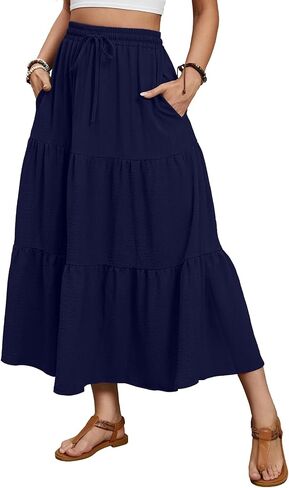 Lyrur Maxi Skirts for Women 2024 Summer Elastic High Waist A-Line Flowy 3-Layer Tiered Ruffle Long Skirt with Pockets in Saudi Arabia