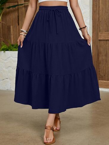 Lyrur Maxi Skirts for Women 2024 Summer Elastic High Waist A-Line Flowy 3-Layer Tiered Ruffle Long Skirt with Pockets in Saudi Arabia