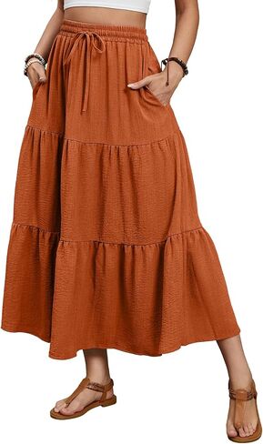 Lyrur Maxi Skirts for Women 2024 Summer Elastic High Waist A-Line Flowy 3-Layer Tiered Ruffle Long Skirt with Pockets in Saudi Arabia