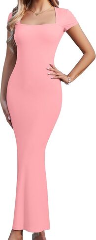 Women's Elegant Square Neck Long Dress Ribbed Bodycon Maxi Formal Dresses for Wedding Guest Evening Party in Saudi Arabia