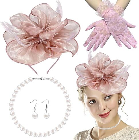 4 Pack Organza Fascinator Hat Lace Gloves Set for Women Tea Party Cocktail Church Wedding Derby 1920s Halloween Party in Kuwait