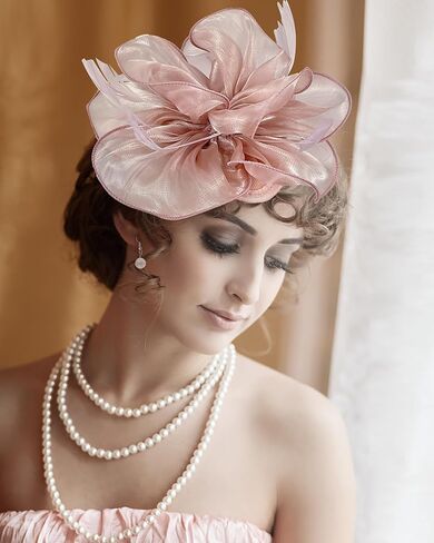 4 Pack Organza Fascinator Hat Lace Gloves Set for Women Tea Party Cocktail Church Wedding Derby 1920s Halloween Party in Kuwait