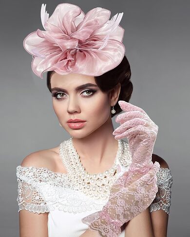 4 Pack Organza Fascinator Hat Lace Gloves Set for Women Tea Party Cocktail Church Wedding Derby 1920s Halloween Party in Kuwait