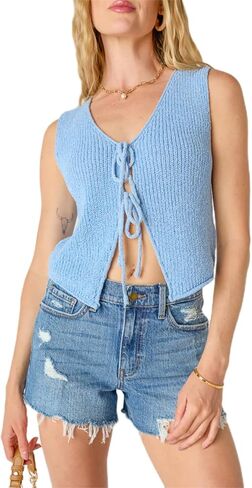 Amiblvowa Women Crochet Vest Y2k Tie Front Knit V Neck Sleeveless Tank Top Open Front Going Out Crop Sweater Vest Tops in Saudi Arabia