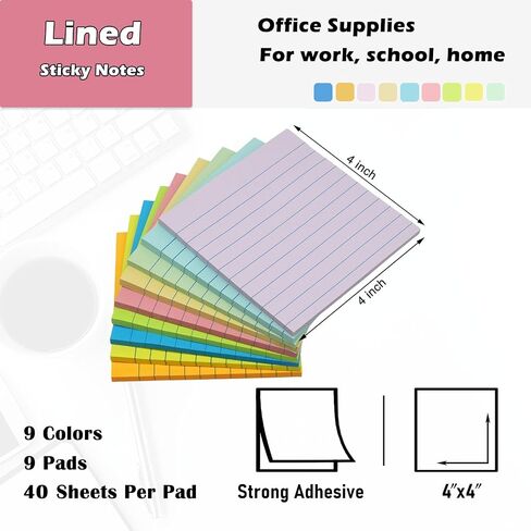 (9 Pack) Lined Sticky Notes 3x3 Post Sticky Notes with Lines, 9 Pastel Super Sticking Power Memo Self-Stick Note Pads Its, Sticky Notes Lined for Office, School, Home, 82 Sheets/Pad in Saudi Arabia