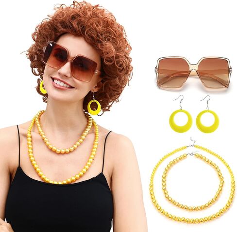 Mrs Rope Short Curly Red Brown Wig and Glasses Jewelry Set, for Women Wig Costume accessory, Halloween Party Dress (Pink) in Saudi Arabia