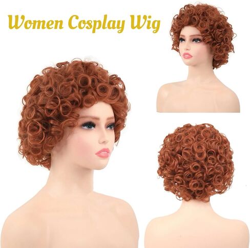 Mrs Rope Short Curly Red Brown Wig and Glasses Jewelry Set, for Women Wig Costume accessory, Halloween Party Dress (Pink) in Saudi Arabia
