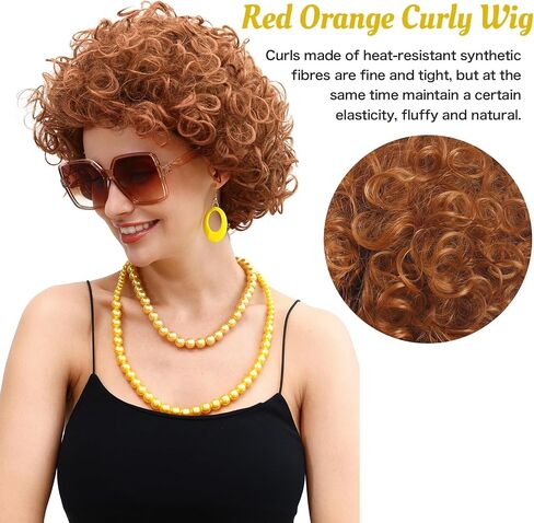 Mrs Rope Short Curly Red Brown Wig and Glasses Jewelry Set, for Women Wig Costume accessory, Halloween Party Dress (Pink) in Saudi Arabia
