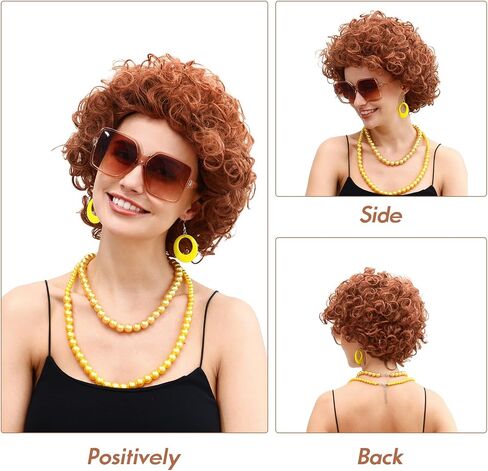Mrs Rope Short Curly Red Brown Wig and Glasses Jewelry Set, for Women Wig Costume accessory, Halloween Party Dress (Pink) in Saudi Arabia